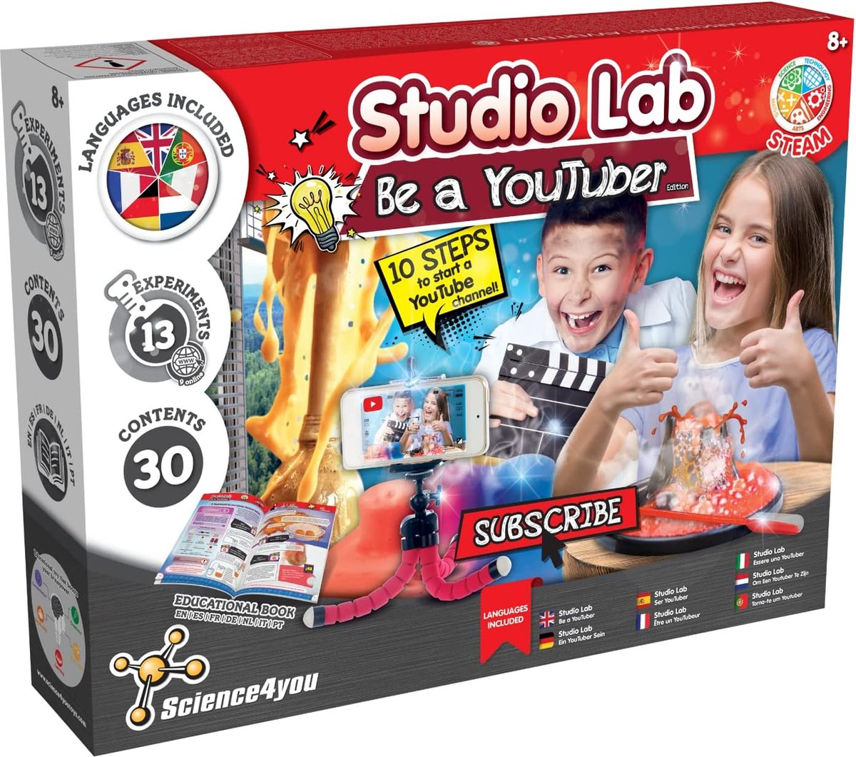 Science 4 you science4you be a youtuber – coffret d'expérimentation scientifique – 13 expériences virales avec caméra écran vert – à partir de 8 ans