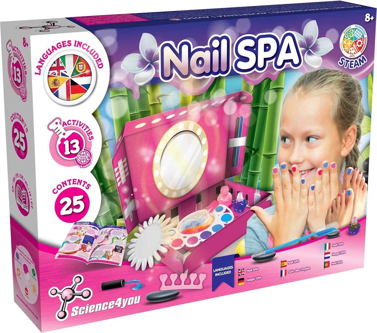 Science 4 you science4you nail spa - set d'expérimentation - studio de manucure et d'ongles pour enfants - 25 pièces - 13 options - 8 ans +