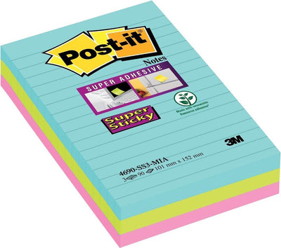 Notes post-it super collantes 152x101mm pack assorti 3 pièces 90 feuilles