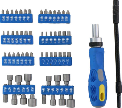 Jeu d'outils Kinzo : jeu d'embouts, jeu de douilles avec cliquet - 14 douilles - 42 embouts - dont Torx, Allen et Phillips - 58 pièces