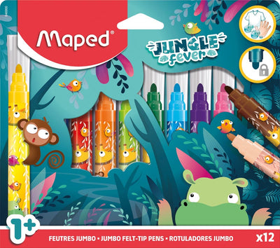 Maped – stylo-feutre de bureau, ensemble jumbo de fièvre de la jungle, 12 couleurs
