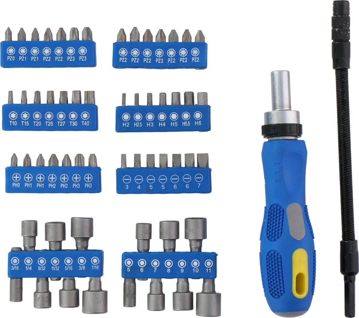 Jeu d'outils Kinzo : jeu d'embouts, jeu de douilles avec cliquet - 14 douilles - 42 embouts - dont Torx, Allen et Phillips - 58 pièces