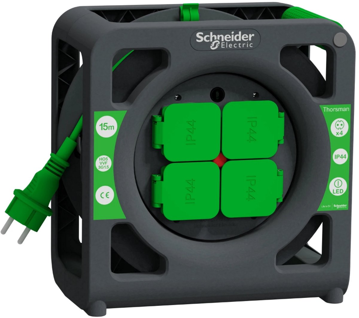 Schneider electric thorsman - enrouleur de câble - 15m - ho5vvf - 3g1.5 - ip44 - schuko