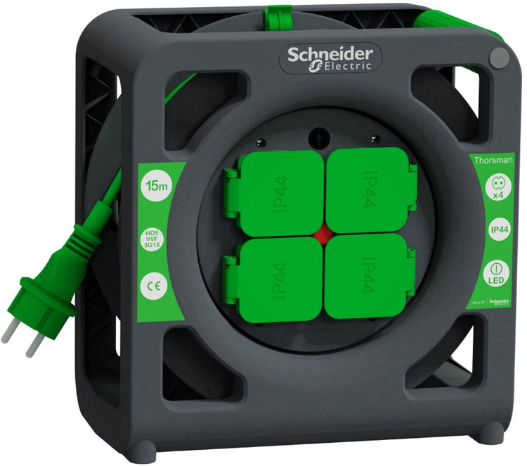Schneider electric thorsman - enrouleur de câble - 15m - ho5vvf - 3g1.5 - ip44 - schuko