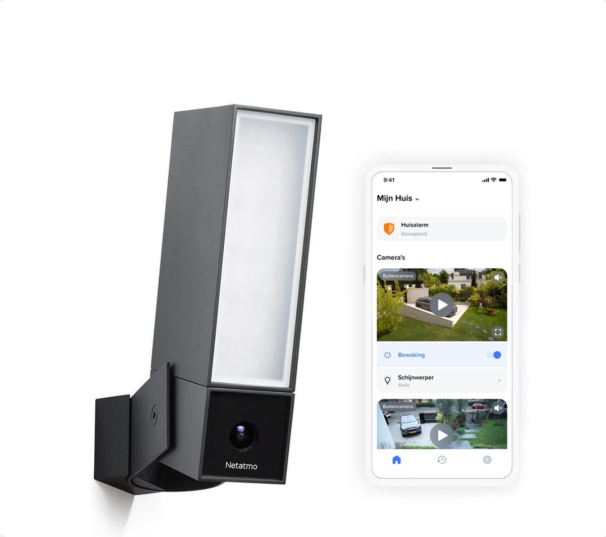 Caméra de sécurité intelligente Netatmo - caméra de surveillance extérieure - surveillance par caméra - avec détection de mouvement, vision nocturne et éclairage intégré - noir - 1 pièce