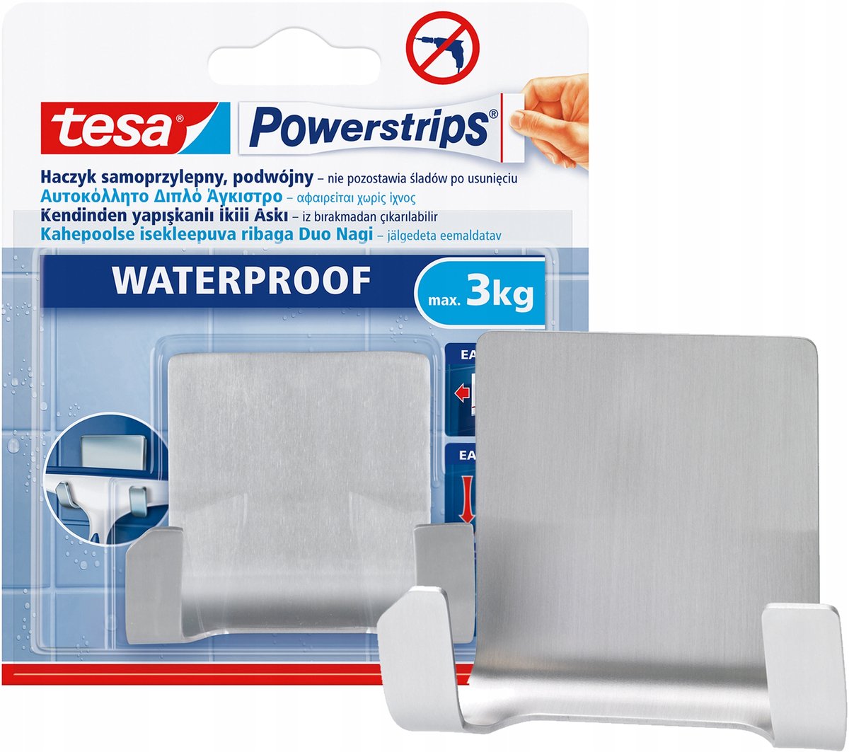 Multiprises Tesa double crochet en acier inoxydable - capacité de charge 3kg - résistante à l'eau