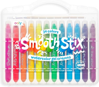 Ooly - Crayons de couleur gel aquarelle Smooth Stix - 24 couleurs de crayons de couleur gel aquarelle - avec pinceau - solubles dans l'eau - avec bouchons à vis en plastique - dans un étui de voyage pratique - à partir de 3 ans
