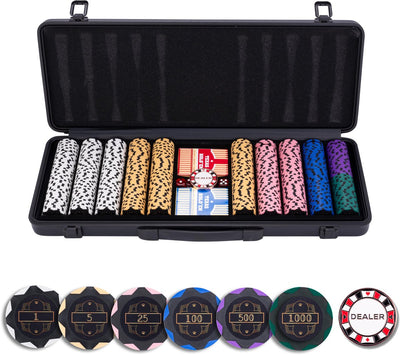 Set de poker Longfield 500 jetons 14 grammes – valeur des jetons 1 € 5 € 25 € 100 € 500 € – cartes à jouer, dés bouton croupier – boîtier en aluminium noir – cœur d'ange