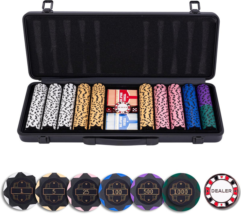Set de poker Longfield 500 jetons 14 grammes – valeur des jetons 1 € 5 € 25 € 100 € 500 € – cartes à jouer, dés bouton croupier – boîtier en aluminium noir – cœur d'ange