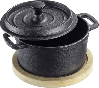 Poêle à tapas + amis en fonte Westmark - petite poêle en fonte avec couvercle, adaptée à tous les types de feux, y compris induction et grill, incl. dessous de verre en bambou - fer, 250ml