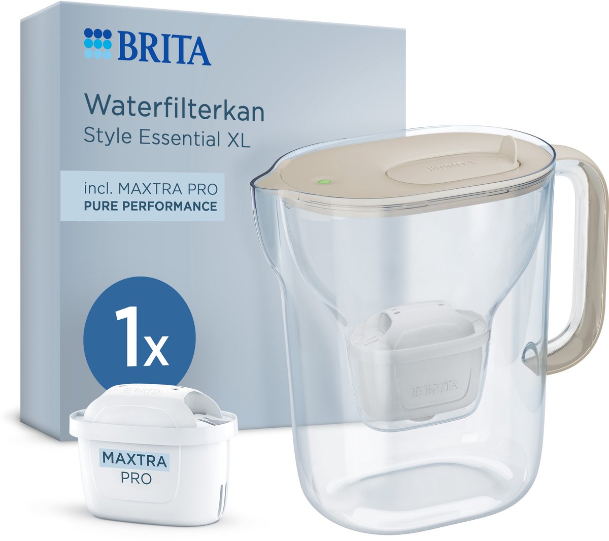 Brita filtre à eaukan style essential xl - 3,6l - sable - incl. 1x maxtra pro pure performance - grand filtre avec lampe LED intelligente, filtre à air plus
