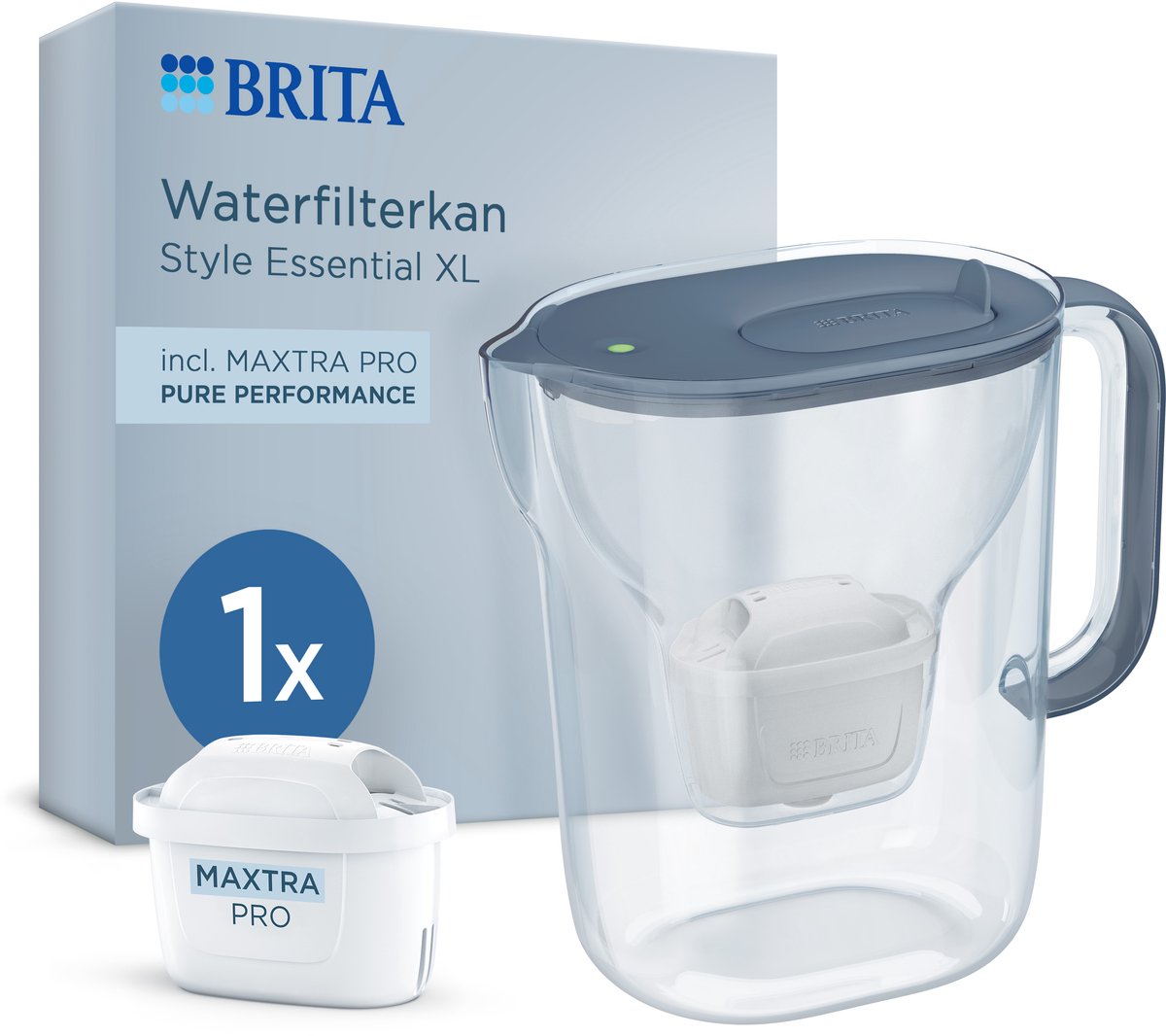 Carafe filtrante Brita style essential xl - 3,6l - bleu - incl. 1x maxtra pro pure performance - grande carafe filtrante avec couvercle à charnière LED intelligent, filtre les contaminants plus