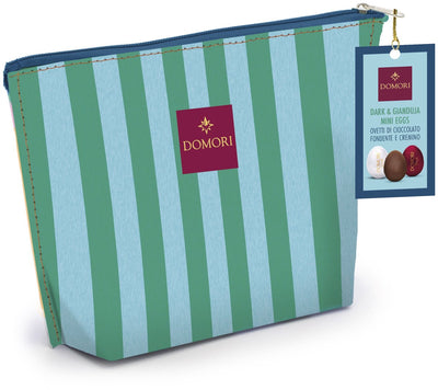 Domori - Œuf de Pâques en chocolat de luxe de la collection Cabana – assortiment d'œufs en chocolat noir au gianduia – coffret cadeau haut de gamme – pochette verte et bleu clair – emballage à emporter pour les déplacements