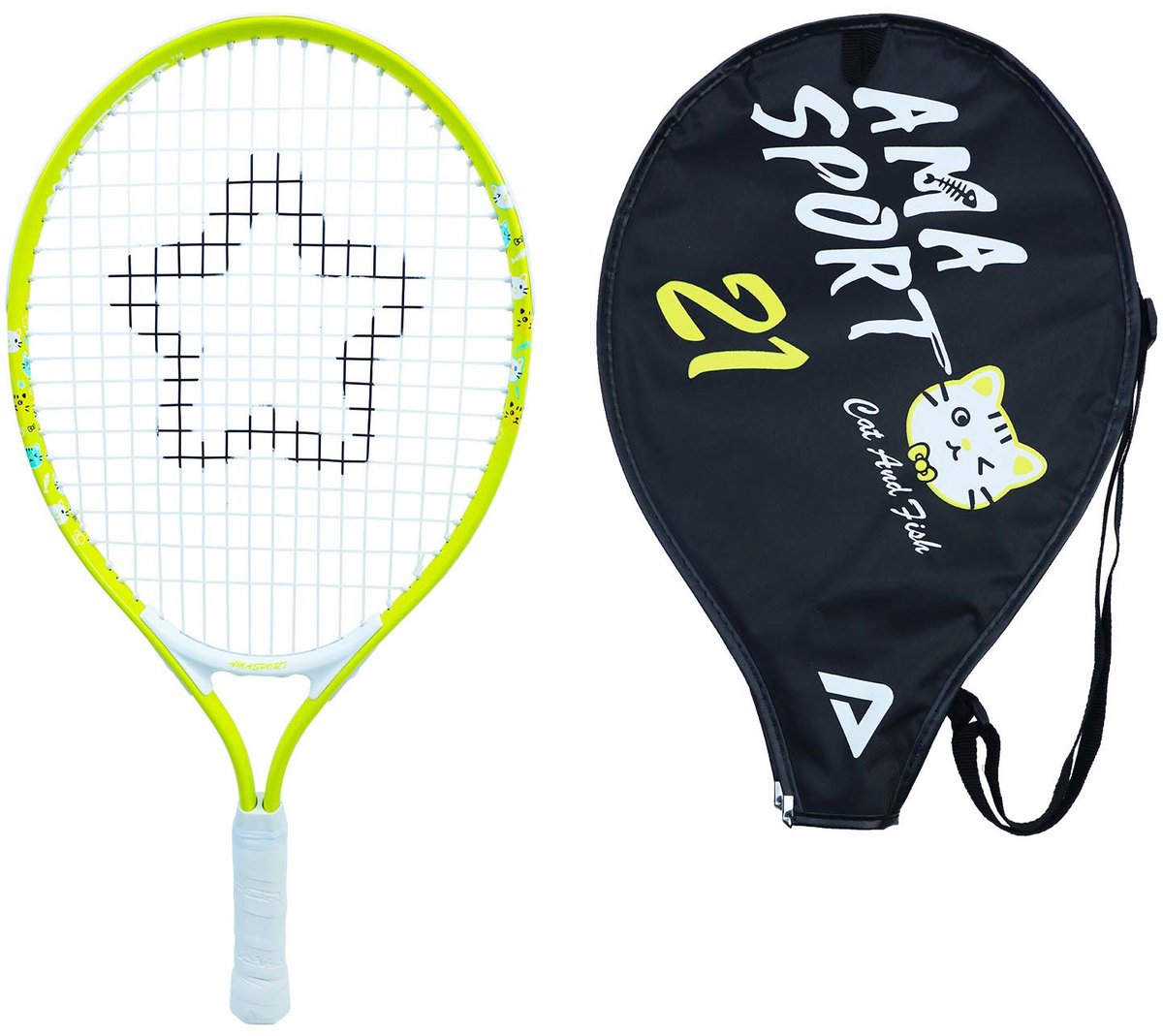 Ama sport raquette de tennis enfant chat jaune 21 pouces - raquette junior légère avec sac - idéale pour les débutants -