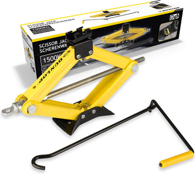 Cric de voiture mécanique Dunlop - cric de voiture avec capacité de levage de 1500 kg - cric à ciseaux avec hauteur de levage 26-38 cm - métal - jaune noir