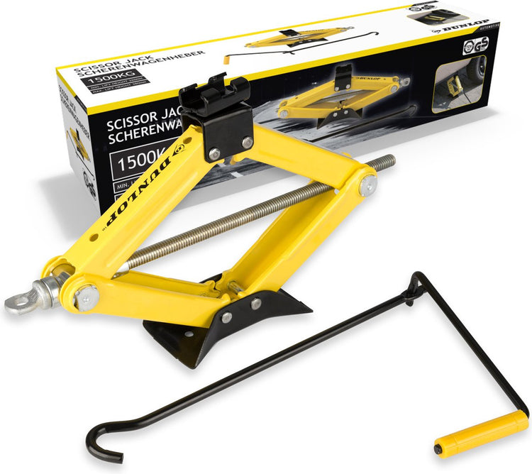 Cric de voiture mécanique Dunlop - cric de voiture avec capacité de levage de 1500 kg - cric à ciseaux avec hauteur de levage 26-38 cm - métal - jaune noir
