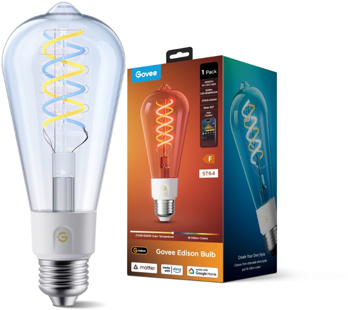 Lampe à filament Govee Smart Edison E27 matière couleurs RVB et blanc chaud - rgbww - st19 - 1 paquet