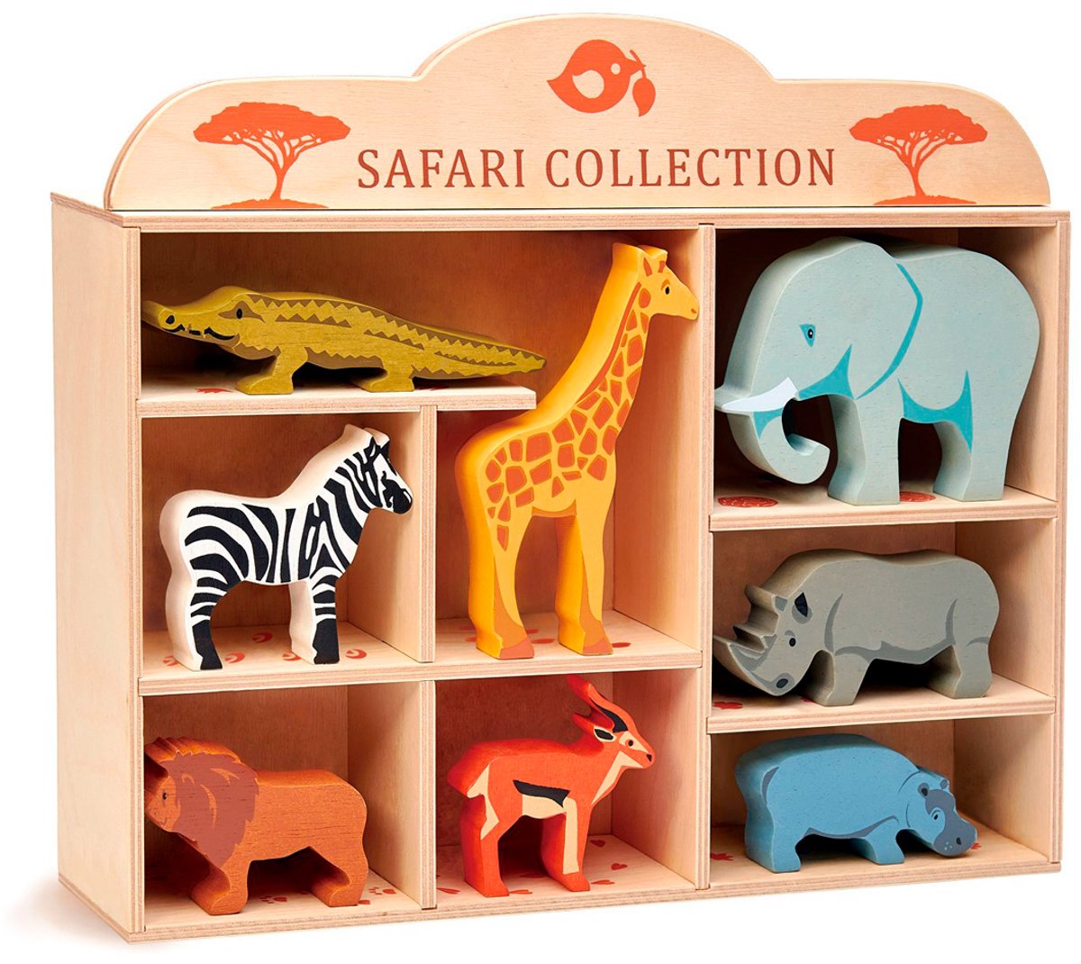Jouets à feuilles tendres Animaux en bois à feuilles tendres - Ensemble d'animaux de safari - 8 figurines différentes - avec étagère de présentation - 3 ans