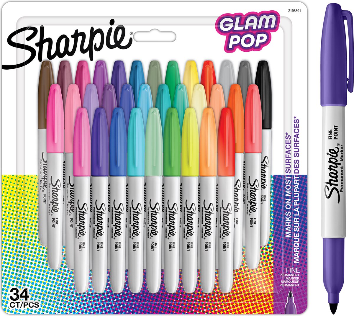 Marqueurs permanents Sharpie glam pop - 34 marqueurs - multicolore - pointe fine