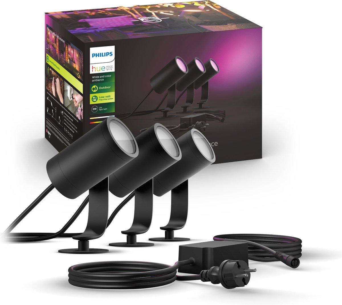 Spot de jardin Philips Hue Lily - lumière blanche et colorée - 3 spots - noir - basse tension - socle