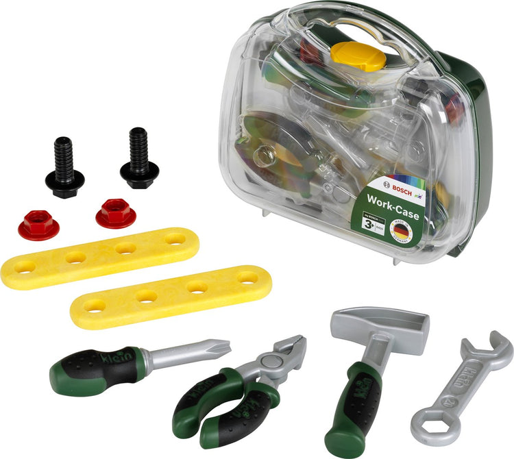Klein Toys - Bosch Mini Mallette à outils pour jouets I Mallette robuste avec façade transparente I Incl. outils, vis et lattes