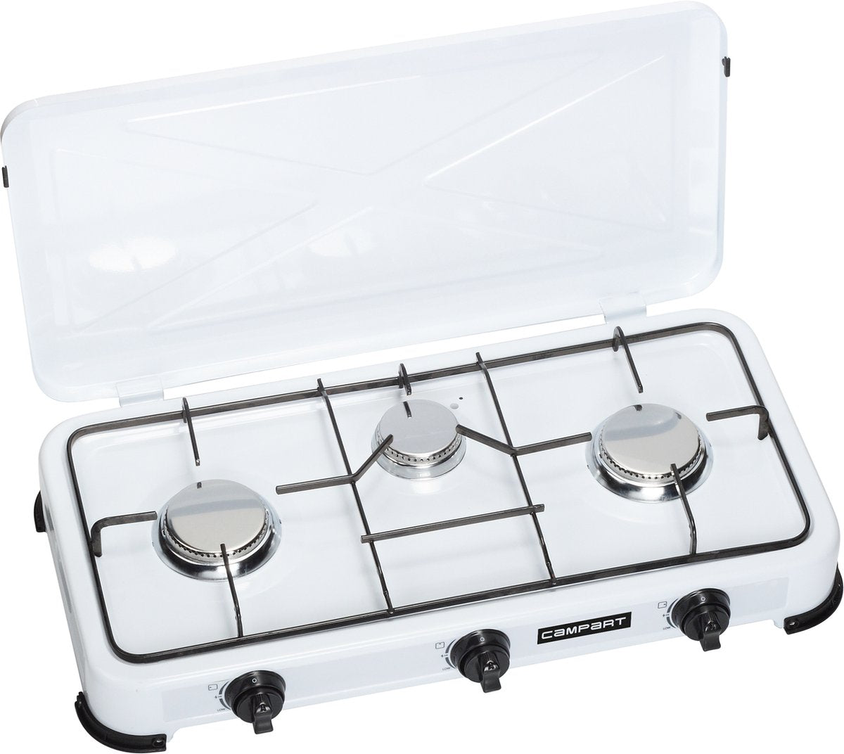 Réchaud de camping Campart ko-6383 - réchauds de camping 3 brûleurs - réchaud à gaz avec brûleur en acier inoxydable - blanc