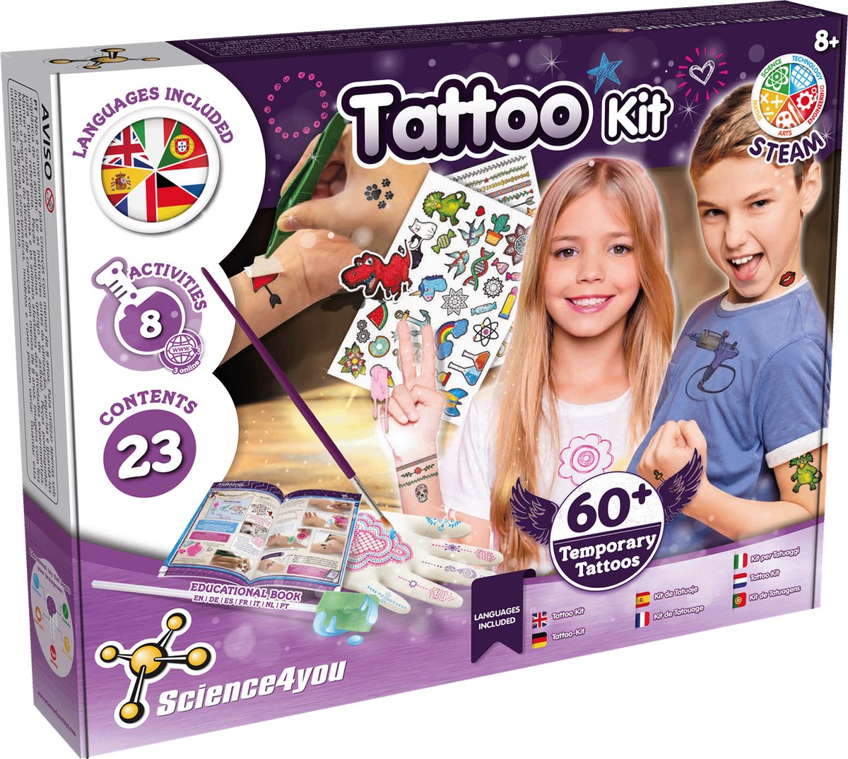 Kit de tatouage Science 4 you science4you - ensemble d'expérimentation - ensemble de tatouages temporaires pour enfants de 8 ans et plus - plus de 60 tatouages différents