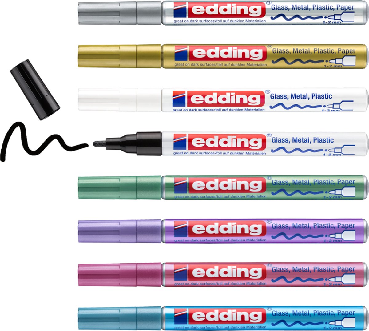 Edding 751 8 s set de marqueurs peinture brillante couleurs festives et métalliques assortis - pointe ronde - 1-2 mm - lot de 8 pièces