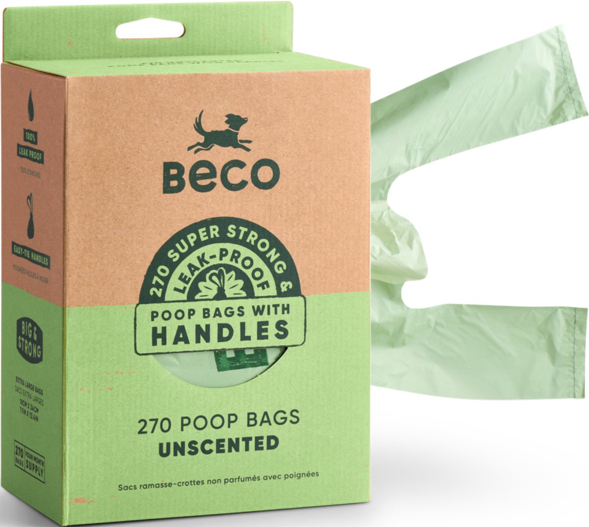 Sacs à crottes de chien durables Beco fabriqués à partir de plastique recyclé et de poignées - 270 pièces