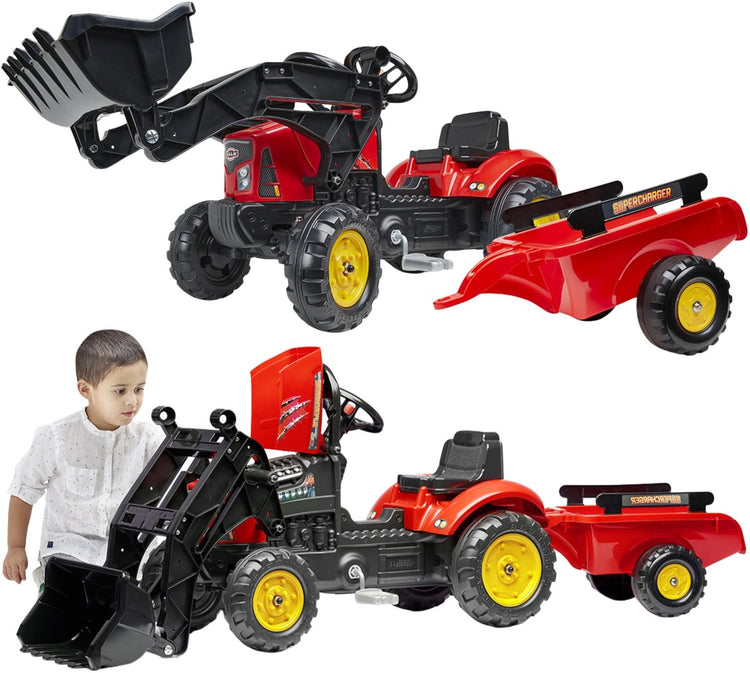 Tracteur à pédales Falk Supercharger rouge avec capot ouvrant et remorque