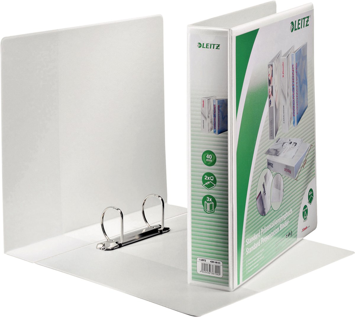 Classeur à anneaux de présentation Leitz, A4 extra large, blanc, dos 44 mm, mécanisme à 2 anneaux
