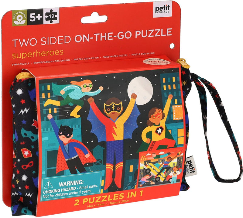 Petit collage puzzle super héros - carton recto verso - jeu de voyage.