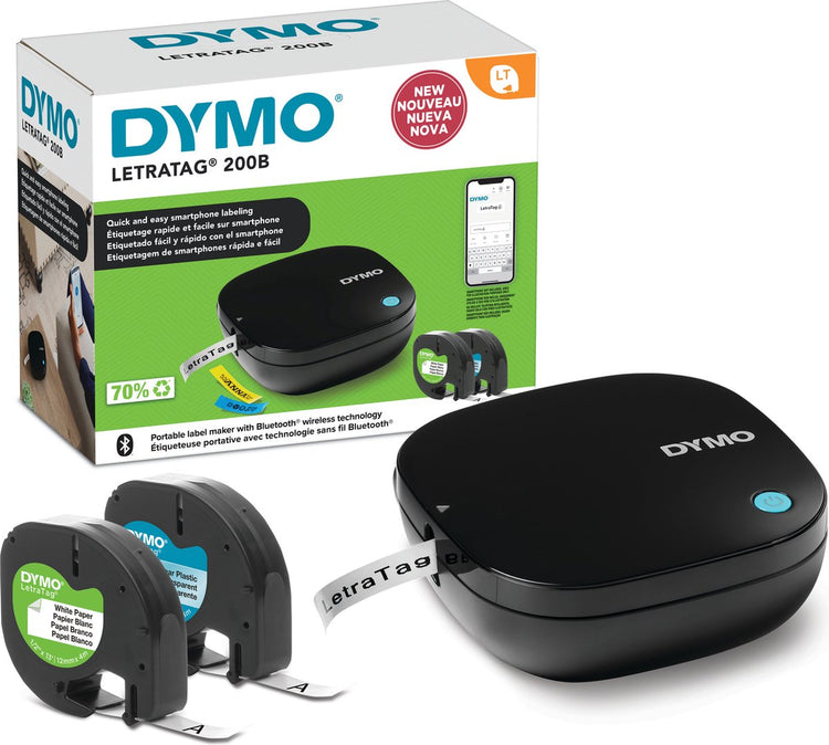 Étiqueteuse Dymo letratag 200b avec Bluetooth | imprimante d'étiquettes compacte | connexion via la technologie Bluetooth sans fil avec iOS et Android | comprenant 2 types de ruban d'étiquettes