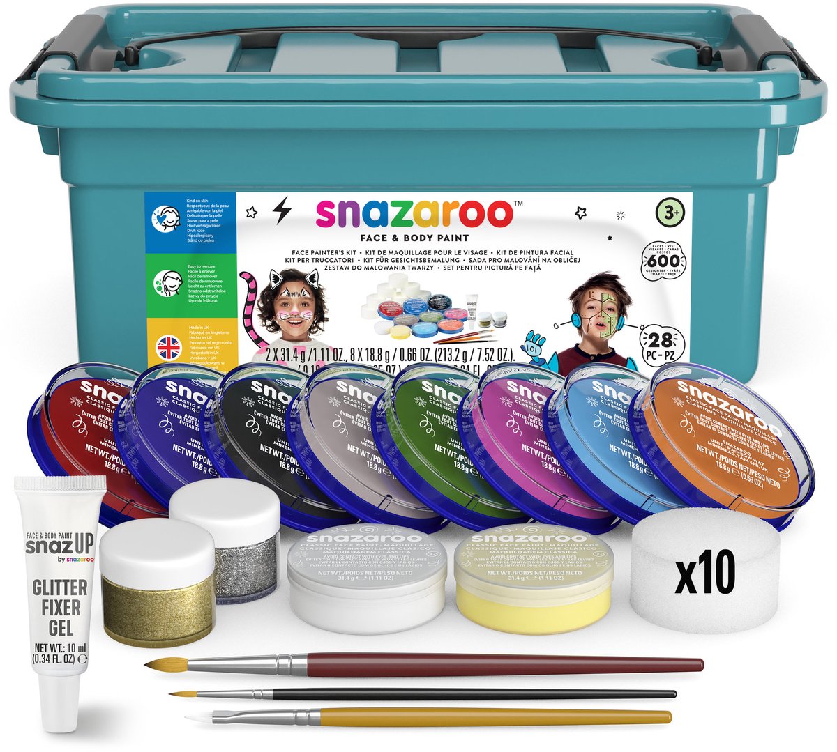 Snazaroo 1172250 Kit de maquillage professionnel - Kit complet de maquillage pour écoles, fêtes - doux pour la peau, à base d'eau avec paillettes