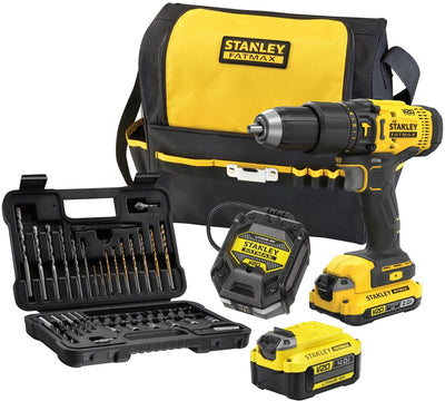 Stanley Fatmax V20 Perceuse à percussion à vis sans balais 18 V + ruban à mesurer, niveau à bulle et jeu d'embouts dans un étui (avec 2 batteries 2,0 Ah et chargeur) SFMCK101D2T-QW