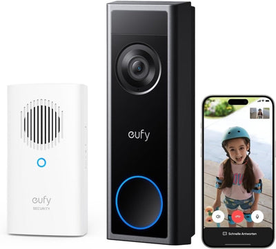 Sonnette de sécurité sans fil Eufy avec caméra C31 Chime, 2K FHD, deux options d'alimentation, appel vidéo en direct, installation facile, batterie rapidement remplaçable, enregistrement 24h/24 et 7j/7, sans frais d'abonnement