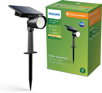 Philips LED Lampe sur pied Philips Ashlyn avec brochette - lampe solaire d'extérieur - lumière blanc chaud 2700k - noir - capteur crépusculaire - énergie solaire