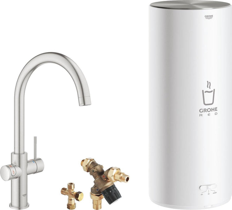 Robinet d'eau bouillante Grohe rouge 3en1 - bec c - chaudière 7l - mitigeur - inox (supersteel)