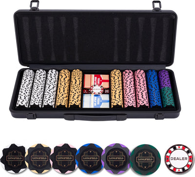 Set de poker Longfield 500 jetons 14 grammes - boîtier en aluminium noir - cartes à jouer - bouton croupier - dés - coeur d'ange