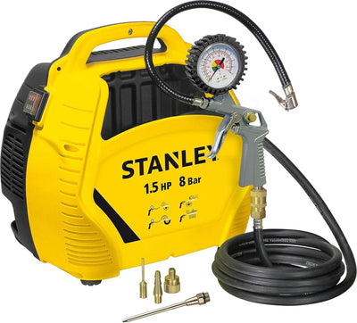 Compresseur Stanley 8bar - compresseur d'air sans huile avec outils pneumatiques - kit de compresseur incl. tuyau d'air 3m, pistolet à air avec manomètre et 3 buses - jaune