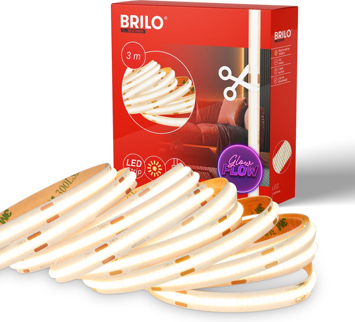 Briloner cob - Bande LED 3 mètres - lumière blanc chaud - autocollante - raccourcissable - blanc