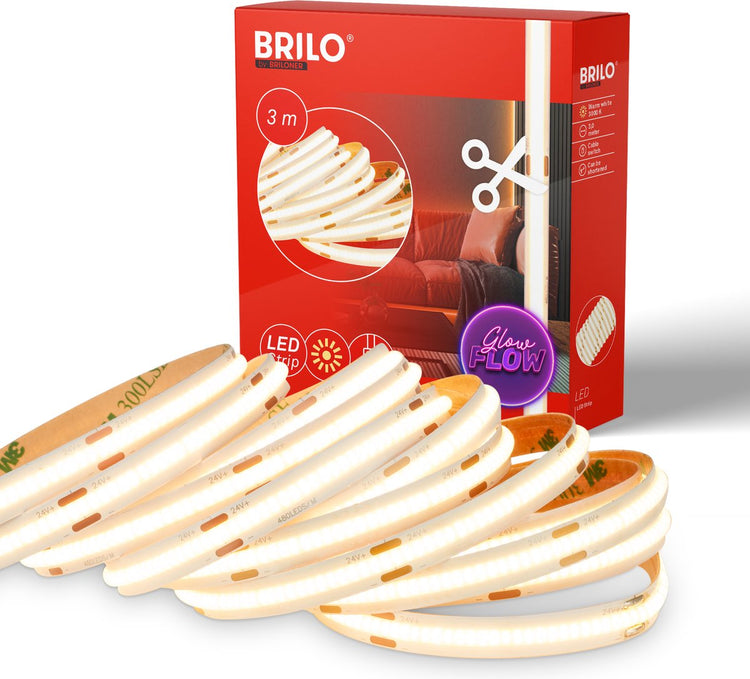Briloner cob - Bande LED 3 mètres - lumière blanc chaud - autocollante - raccourcissable - blanc