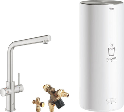Robinet d'eau bouillante Grohe rouge 3en1 - bec en l - chaudière 7l - mitigeur - acier inoxydable (supersteel)