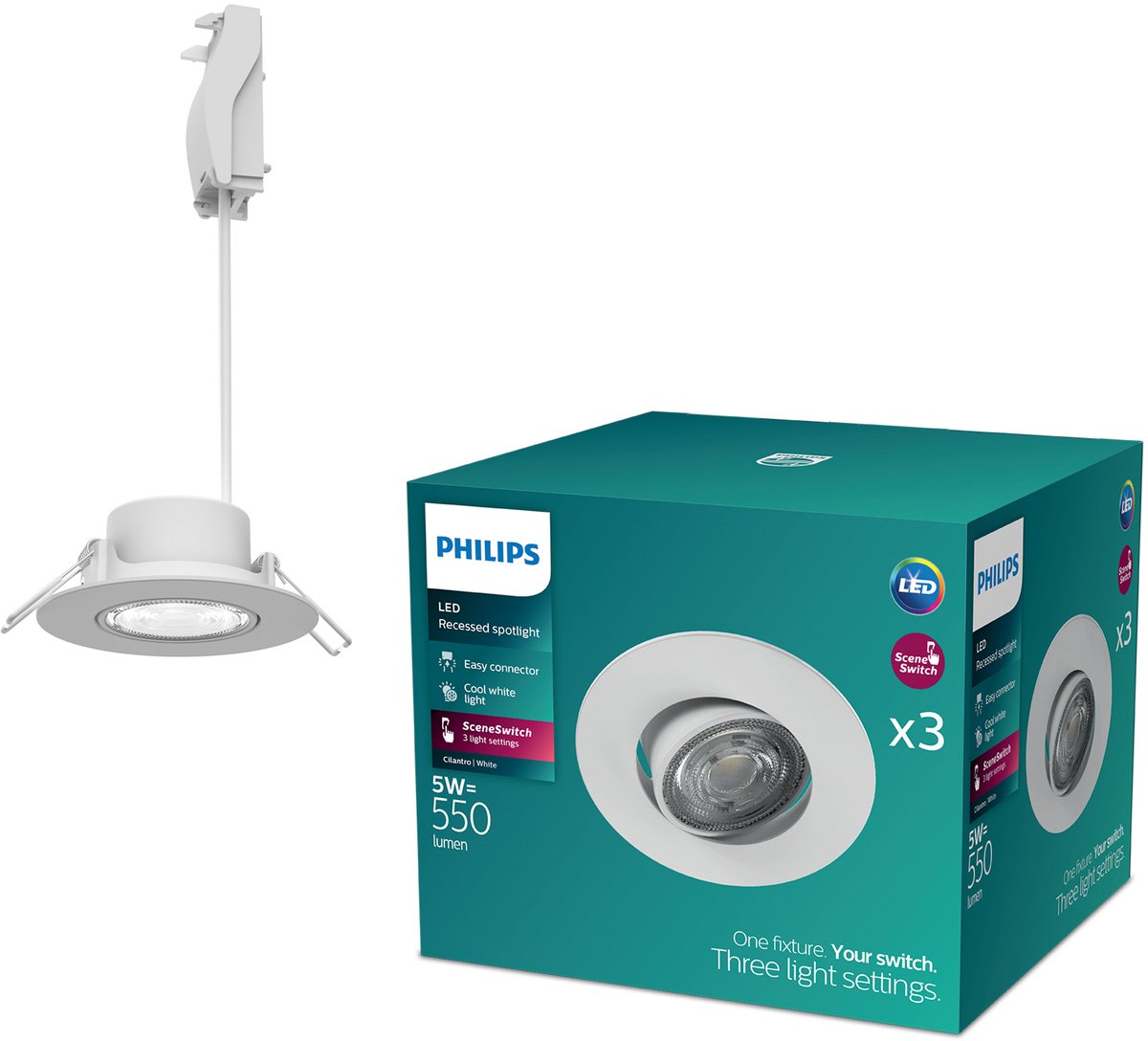 Philips LED Spot encastrable Philips Cilantro - technologie d'éclairage à interrupteur de scène - 5w - lumière blanc froid : 4000k - blanc - pack de 3