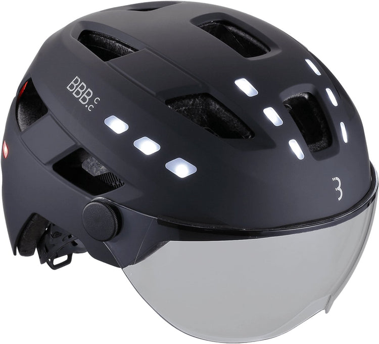 Casque de vélo Bbb avec visière lumineuse - écran facial District LED - casque de vélo électrique pour homme et femme - coque ABS - casque de vélo avec visière - moyen grand : 54 - 60 cm - noir mat - bhe-163