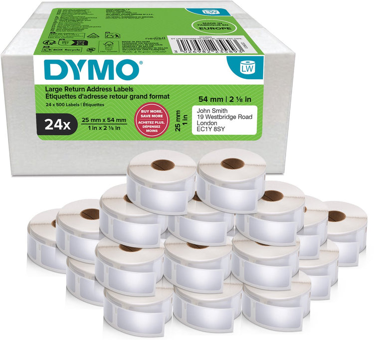 Étiquettes d'adresse de retour Dymo originales pour étiqueteuses | 25 mm x 54 mm | 24 avec 500 étiquettes chacune (12 000 étiquettes autocollantes) | adapté aux imprimantes d'étiquettes labelwriter | fabriqué en europe