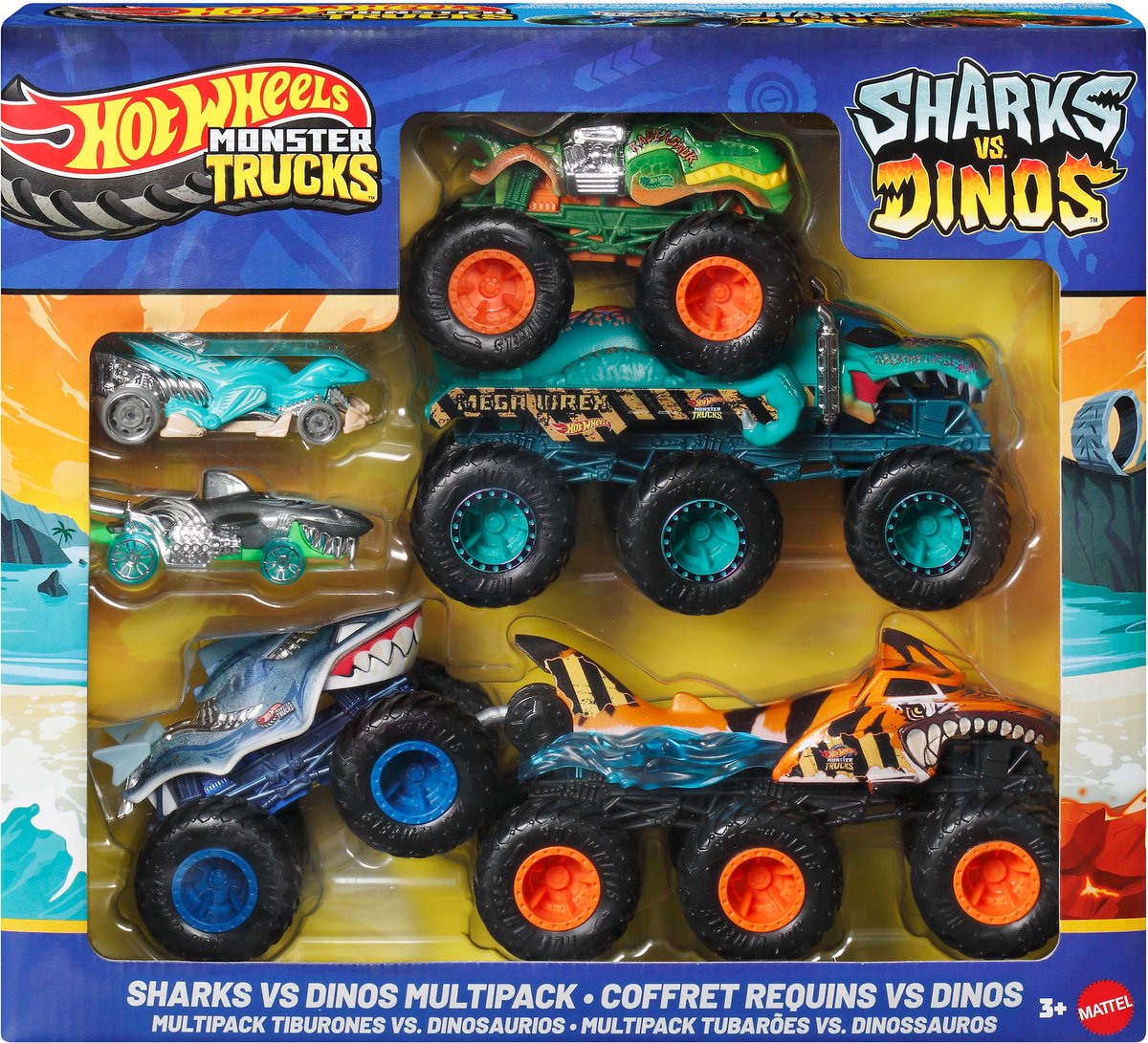 Hot Wheels Monster Trucks Sharks vs Dinosaurs Multipack, ensemble de véhicules, 3 ans, métal, plastique, multicolore