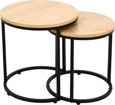 Ensemble de tables d'appoint de loisirs Mano 2 pièces - rondes - aspect chêne métal noir - tables gigognes - ø40 et ø35 cm