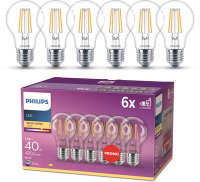 Lampe LED Philips - forme de lampe standard avec culot E27 - lumière blanc chaud : 2700k - 40w - verre transparent - pack de 6