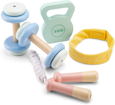 Woet ® ensemble de fitness en bois pour enfants - ensemble de jouets avec 5 pièces - comprenant des poids, une corde à sauter et un serre-tête - FSC - jeux de rôle - à partir de 3 ans